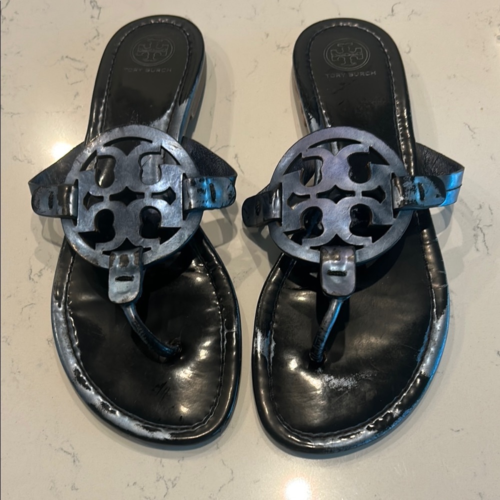 Tory Burch blue metallic Leather Sandals with Iconic Medallion